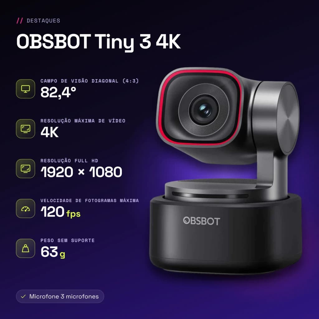 Webcam OBSBOT Tiny 3 4K avec Microphone Noire - caractéristiques, 1280 × 720 a 120 fps