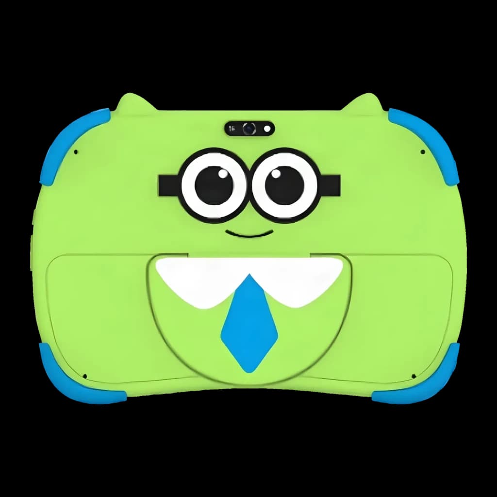 Qubo TKIDS-100 4GB/64GB Verde IP54 10.1 polegadas IPS - capa verde com cara de monstro, cantos azuis e módulo