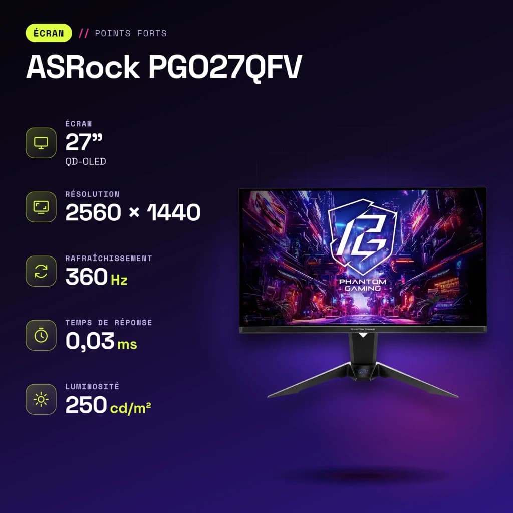 Monitor ASRock 27 polegadas QD-OLED 240Hz QHD Preto PGO27QFV - características, 0,03 ms