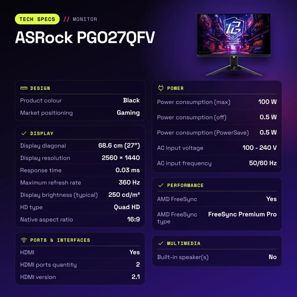Monitor ASRock 27 polegadas QD-OLED 240Hz QHD Preto PGO27QFV - características, 0,2292 x 0,2292 mm