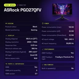 Monitor ASRock 27 polegadas QD-OLED 240Hz QHD Preto PGO27QFV - características, 0,2292 x 0,2292 mm
