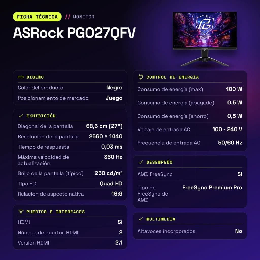 Monitor ASRock 27 polegadas QD-OLED 240Hz QHD Preto PGO27QFV - características, 250 cd/m²