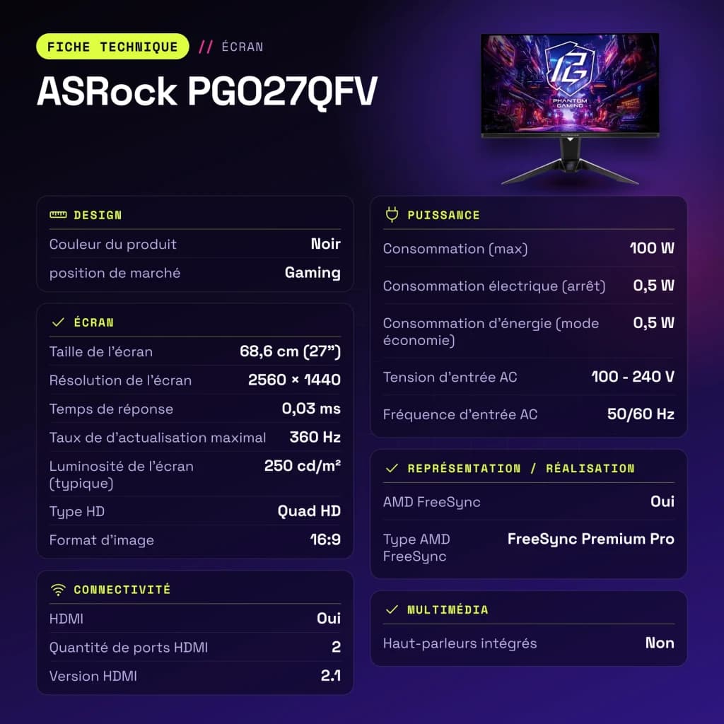 Monitor ASRock 27 polegadas QD-OLED 240Hz QHD Preto PGO27QFV - características, 100 x 100 mm