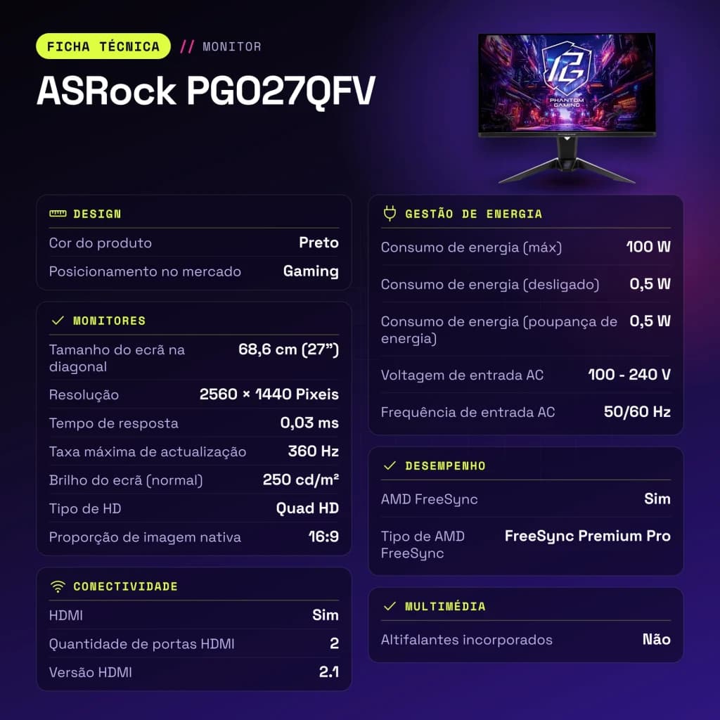 Monitor ASRock 27 polegadas QD-OLED 240Hz QHD Preto PGO27QFV - características, 10 cm