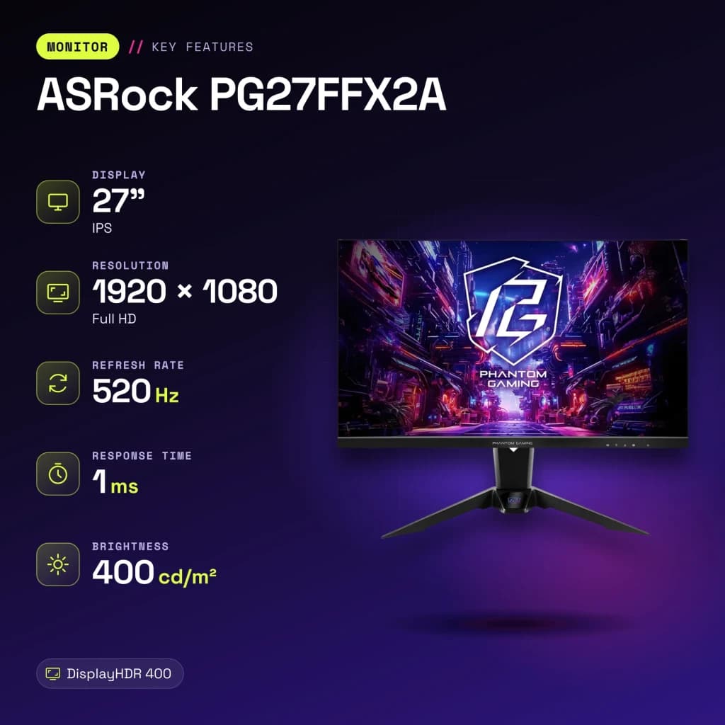 Monitor ASRock 27 polegadas 520Hz FHD IPS 1ms Preto PG27FFX2A - características, 1 ms