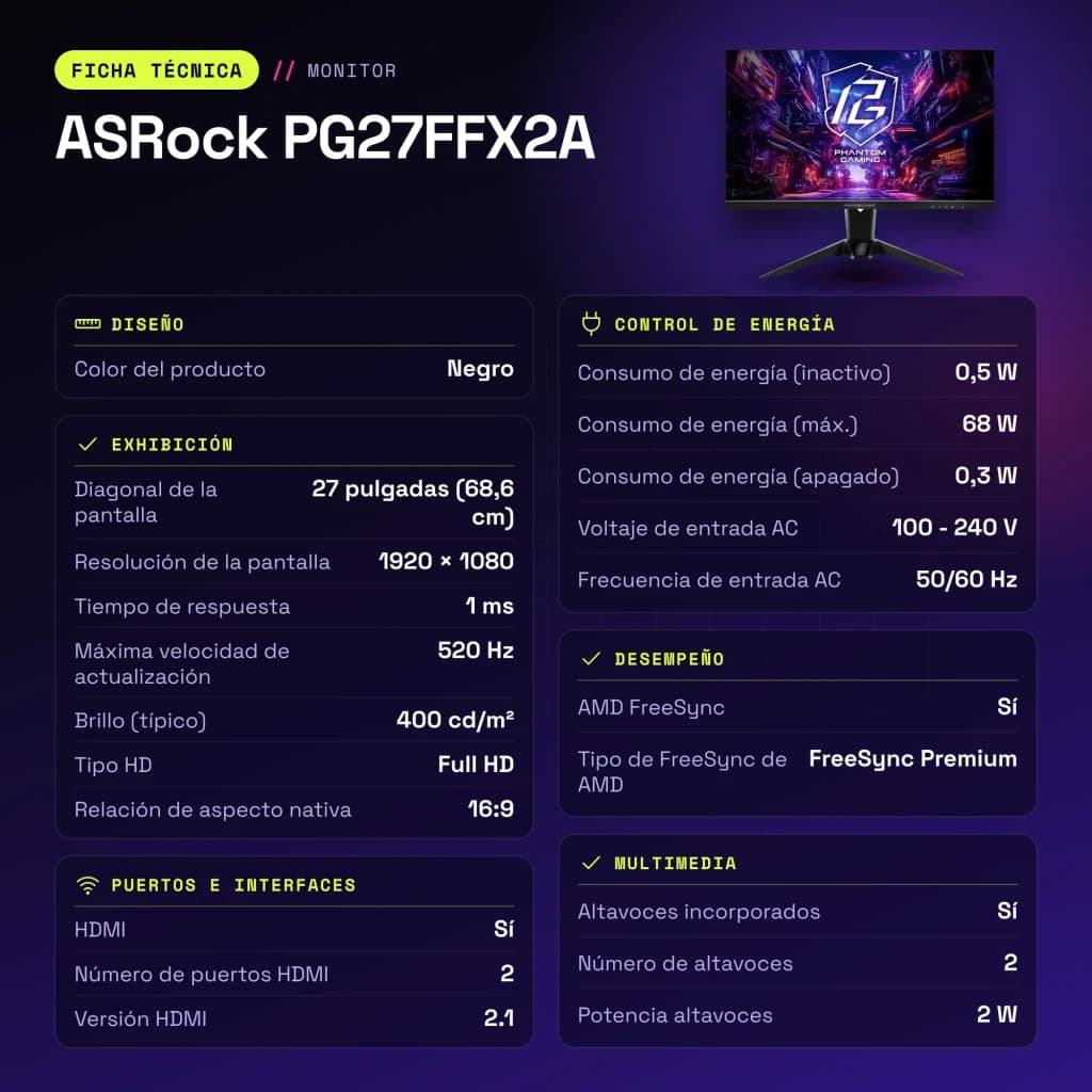 Monitor ASRock 27 polegadas 520Hz FHD IPS 1ms Preto PG27FFX2A - características, 100 x 100 mm