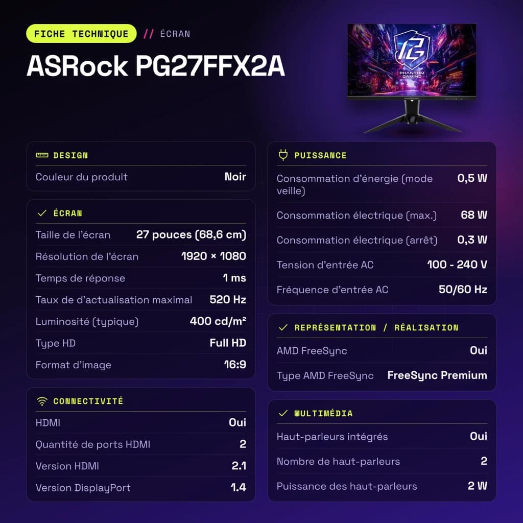 Monitor ASRock 27 polegadas 520Hz FHD IPS 1ms Preto PG27FFX2A - características, 50/60 Hz