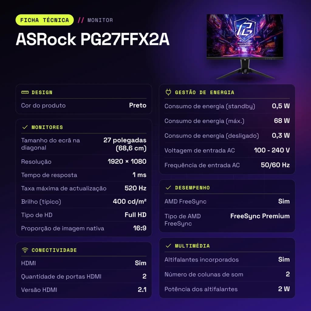 Monitor ASRock 27 polegadas 520Hz FHD IPS 1ms Preto PG27FFX2A - características, 614 mm