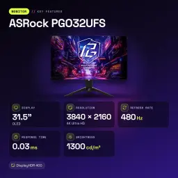 Monitor ASRock 31,5 polegadas OLED 240Hz 4K Ultra HD Preto PGO32UFS - características, 0,03 ms