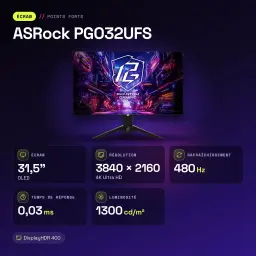 Monitor ASRock 31,5 polegadas OLED 240Hz 4K Ultra HD Preto PGO32UFS - características, 1300 cd/m²