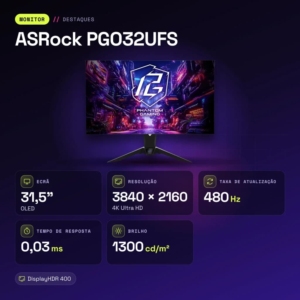 Monitor ASRock 31,5 polegadas OLED 240Hz 4K Ultra HD Preto PGO32UFS - características, 275 cd/m²