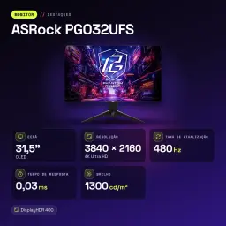 Monitor ASRock 31,5 polegadas OLED 240Hz 4K Ultra HD Preto PGO32UFS - características, 275 cd/m²
