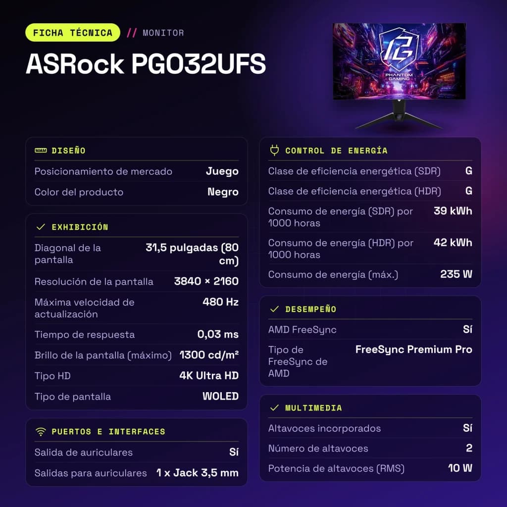Monitor ASRock 31,5 polegadas OLED 240Hz 4K Ultra HD Preto PGO32UFS - características, 0,1814 x 0,1814 mm
