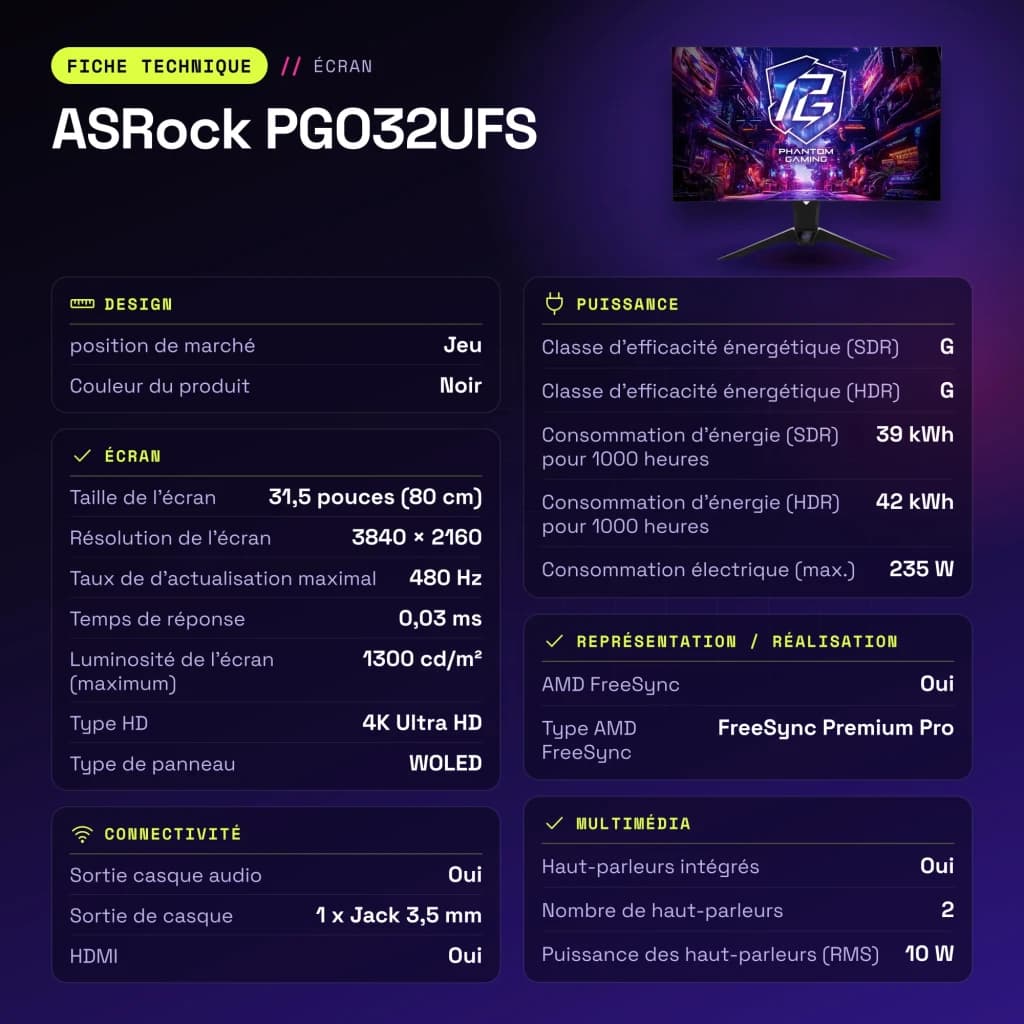 Monitor ASRock 31,5 polegadas OLED 240Hz 4K Ultra HD Preto PGO32UFS - características, 100 x 100 mm