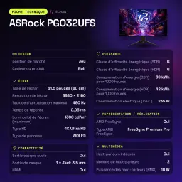 Monitor ASRock 31,5 polegadas OLED 240Hz 4K Ultra HD Preto PGO32UFS - características, 100 x 100 mm