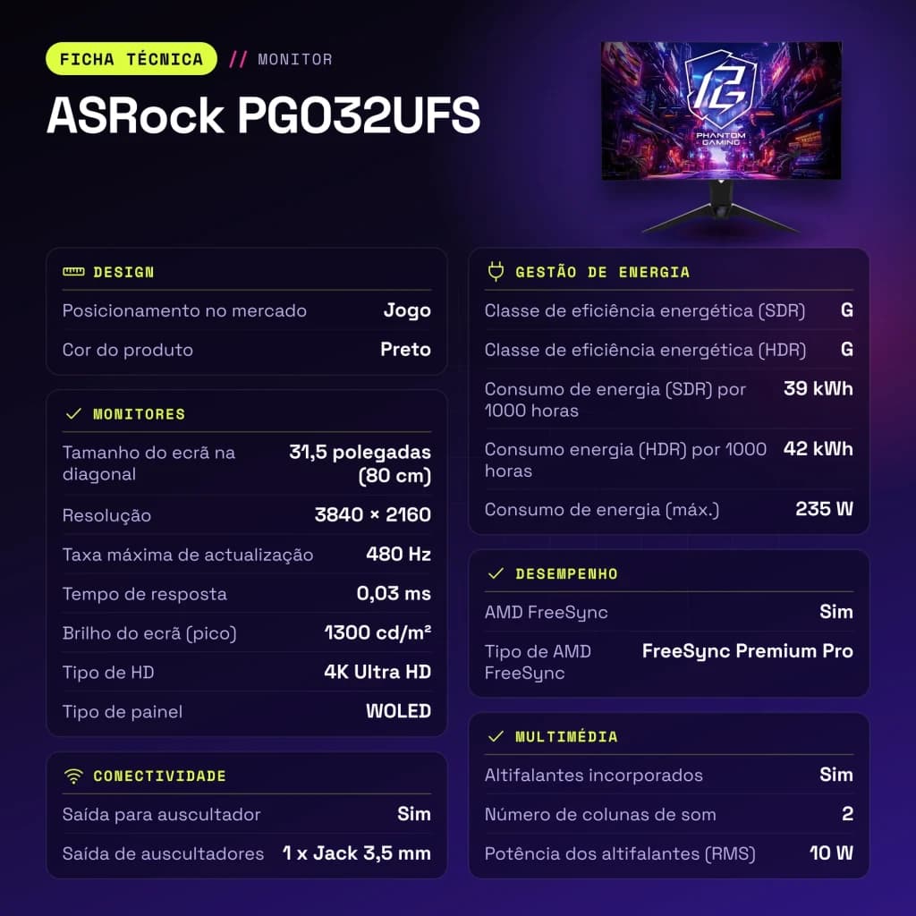 Monitor ASRock 31,5 polegadas OLED 240Hz 4K Ultra HD Preto PGO32UFS - características, 10 cm