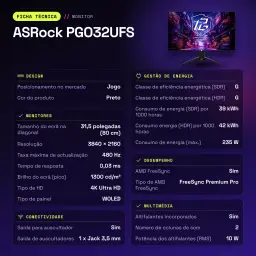 Monitor ASRock 31,5 polegadas OLED 240Hz 4K Ultra HD Preto PGO32UFS - características, 10 cm