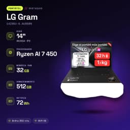 Portátil LG Gram 32GB/512GB 14 polegadas WUXGA IPS AMD Ryzen AI 7 450 SSD Windows 11 Home Negro carbón 14Z95U-G.AU85BN