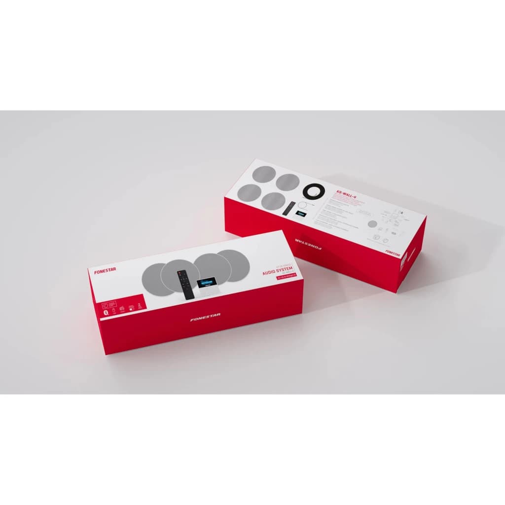 Kit de Altavoces Fonestar 50W Bluetooth KS-WALL-4 - dos cajas rojas y blancas apiladas con altavoces y mando impresos
