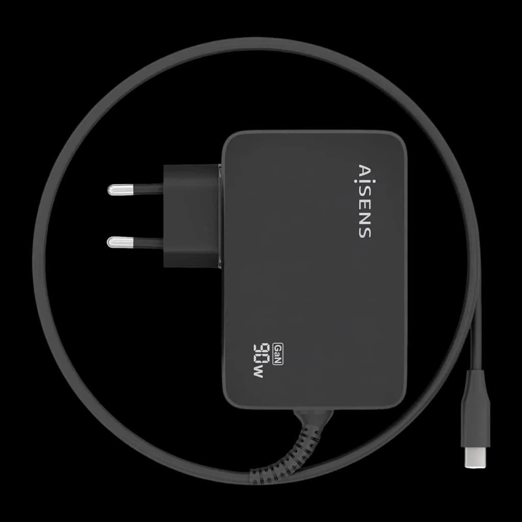 Carregador AISENS Preto GaN 90W 1 USB-C ASCH-1PD90WL034-BK - corpo, pinos EU e cabo USB-C enrolado