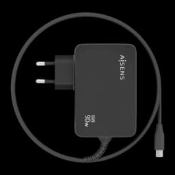 Carregador AISENS Preto GaN 90W 1 USB-C ASCH-1PD90WL034-BK - corpo, pinos EU e cabo USB-C enrolado