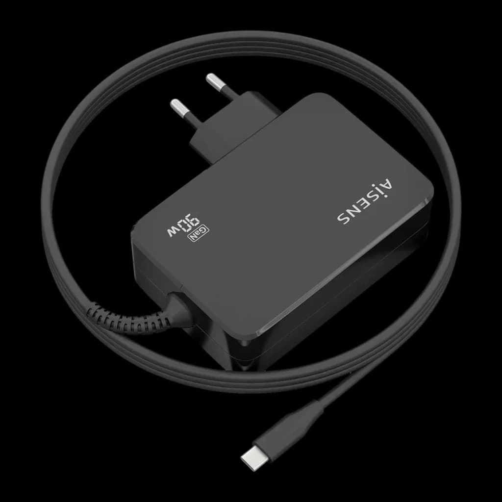 Carregador AISENS Preto GaN 90W 1 USB-C ASCH-1PD90WL034-BK - carregador com cabo USB-C enrolado e ficha EU