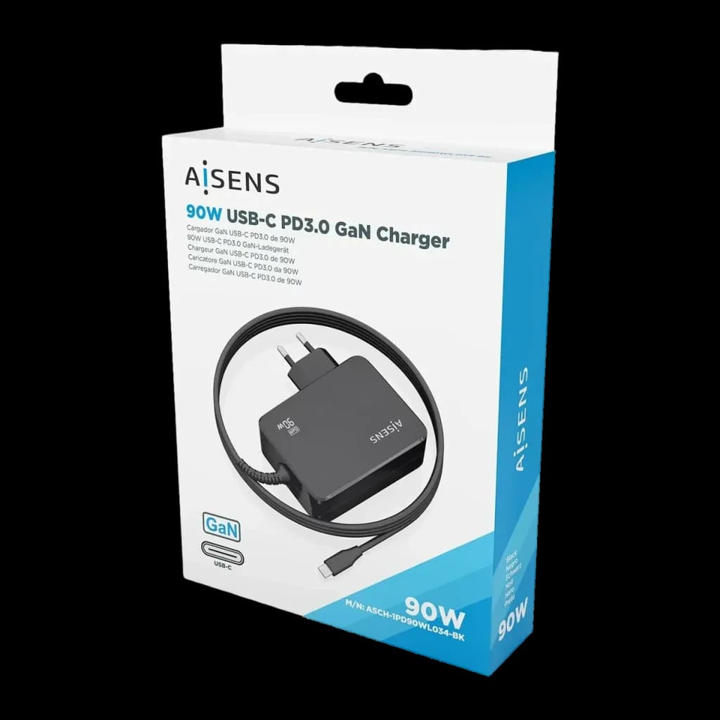 Carregador AISENS Preto GaN 90W 1 USB-C ASCH-1PD90WL034-BK - embalagem frontal com carregador e cabo USB-C visíveis