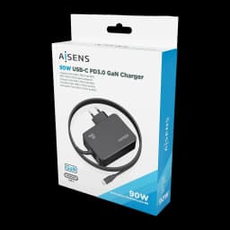 Carregador AISENS Preto GaN 90W 1 USB-C ASCH-1PD90WL034-BK - embalagem frontal com carregador e cabo USB-C visíveis