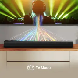 Barra de Som Hisense 2.0 120W Bluetooth Preto HS1000 - raios de luz multicolor emanam da barra sobre móvel em frente