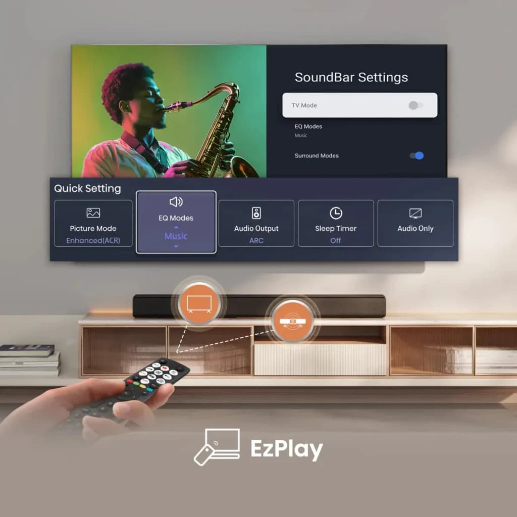 Barra de Som Hisense 2.0 120W Bluetooth Preto HS1000 - controlo apontado à TV com menu SoundBar Settings
