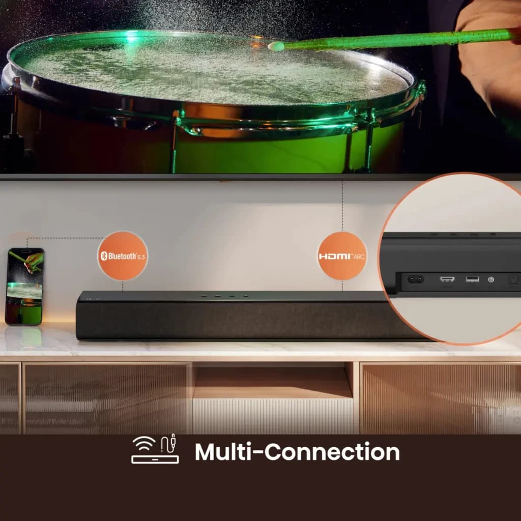 Barra de Som Hisense 2.0 120W Bluetooth Preto HS1000 - Bluetooth 5.3 e HDMI ARC com detalhe das portas