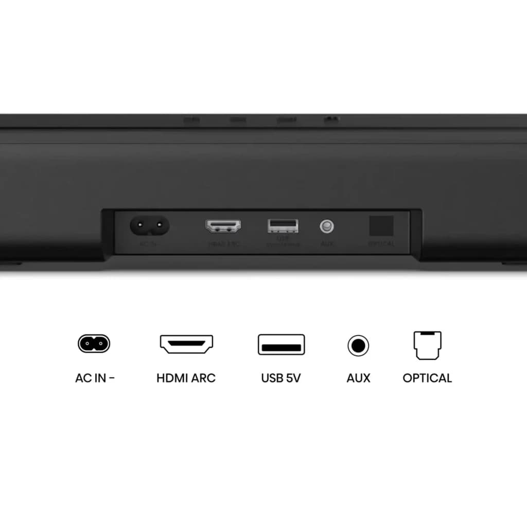Barra de Som Hisense 2.0 120W Bluetooth Preto HS1000 - portas AC IN, HDMI ARC, USB 5V, AUX e Optical