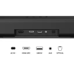 Barra de Som Hisense 2.0 120W Bluetooth Preto HS1000 - portas AC IN, HDMI ARC, USB 5V, AUX e Optical