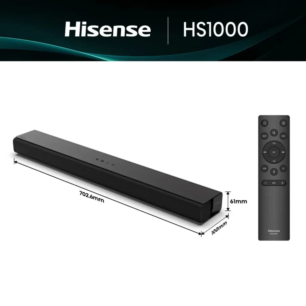 Barra de Som Hisense 2.0 120W Bluetooth Preto HS1000 - vista lateral com medidas 702.6x100x61mm e controlo remoto