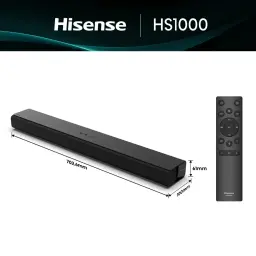 Barra de Som Hisense 2.0 120W Bluetooth Preto HS1000 - vista lateral com medidas 702.6x100x61mm e controlo remoto