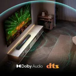 Barra de Som Hisense 2.0 120W Bluetooth Preto HS1000 - sala com ondas de som animadas e logótipos Dolby Audio e DTS