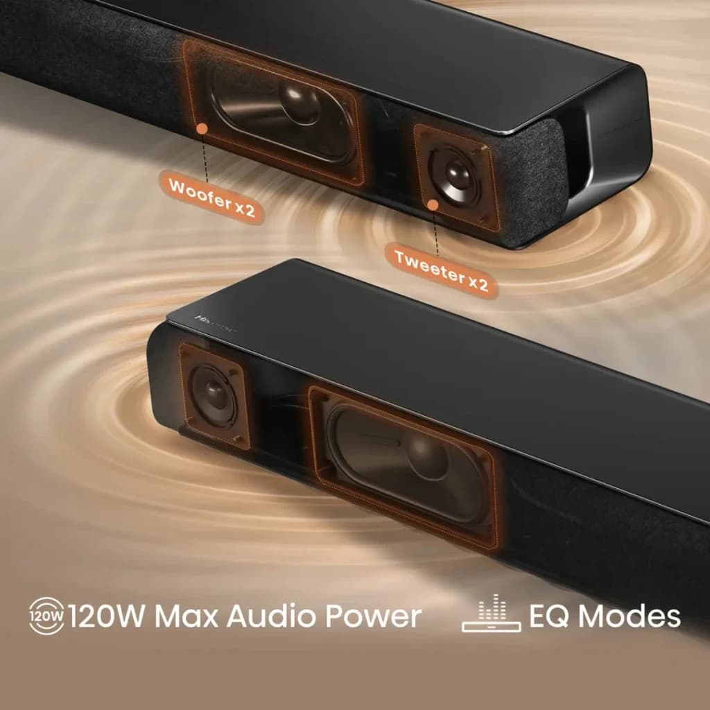 Barra de Som Hisense 2.0 120W Bluetooth Preto HS1000 - woofers x2 e tweeters x2 destacados com ondas sonoras e 120W