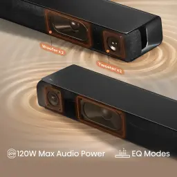 Barra de Som Hisense 2.0 120W Bluetooth Preto HS1000 - woofers x2 e tweeters x2 destacados com ondas sonoras e 120W
