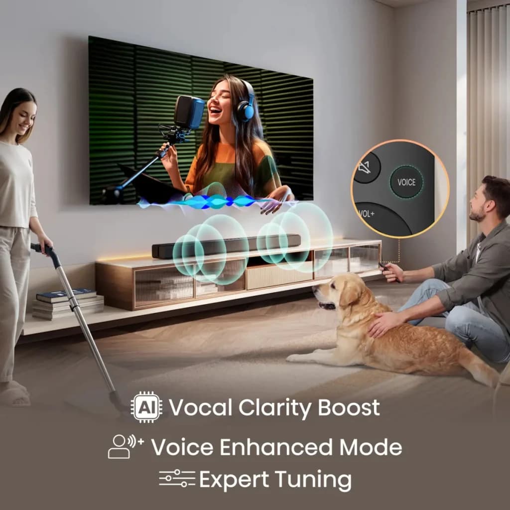 Barra de Som Hisense 2.0 120W Bluetooth Preto HS1000 - sob TV em sala com ondas de som e botão Voice