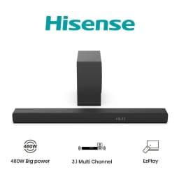 Barre de Son Hisense 3.1 Caisson de Basses Sans Fil 480W Noir - barre et caisson noir avec icônes 480W, multicanal