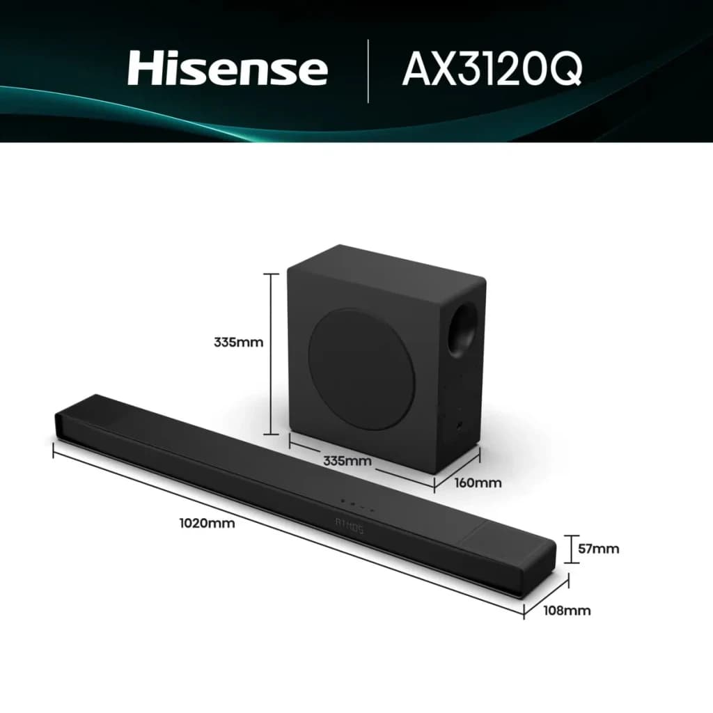 Barre de Son Hisense Dolby Atmos DTS:X 3.1.2 Caisson de Basses Sans Fil Noire AX3120Q - barre 1020x57x108mm