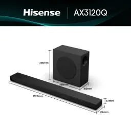 Barre de Son Hisense Dolby Atmos DTS:X 3.1.2 Caisson de Basses Sans Fil Noire AX3120Q - barre 1020x57x108mm