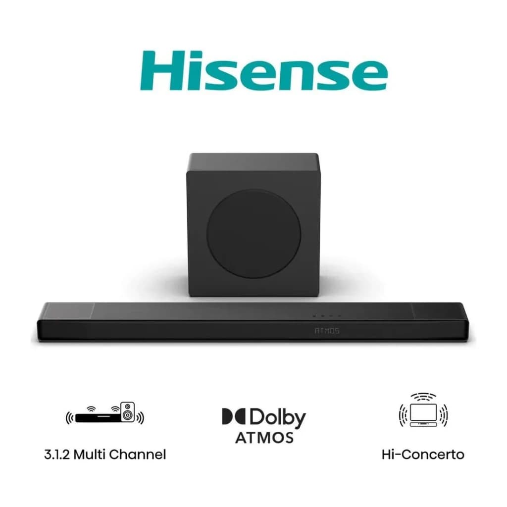 Barre de Son Hisense Dolby Atmos DTS:X 3.1.2 Caisson de Basses Sans Fil Noire AX3120Q - barre noire avec affichage