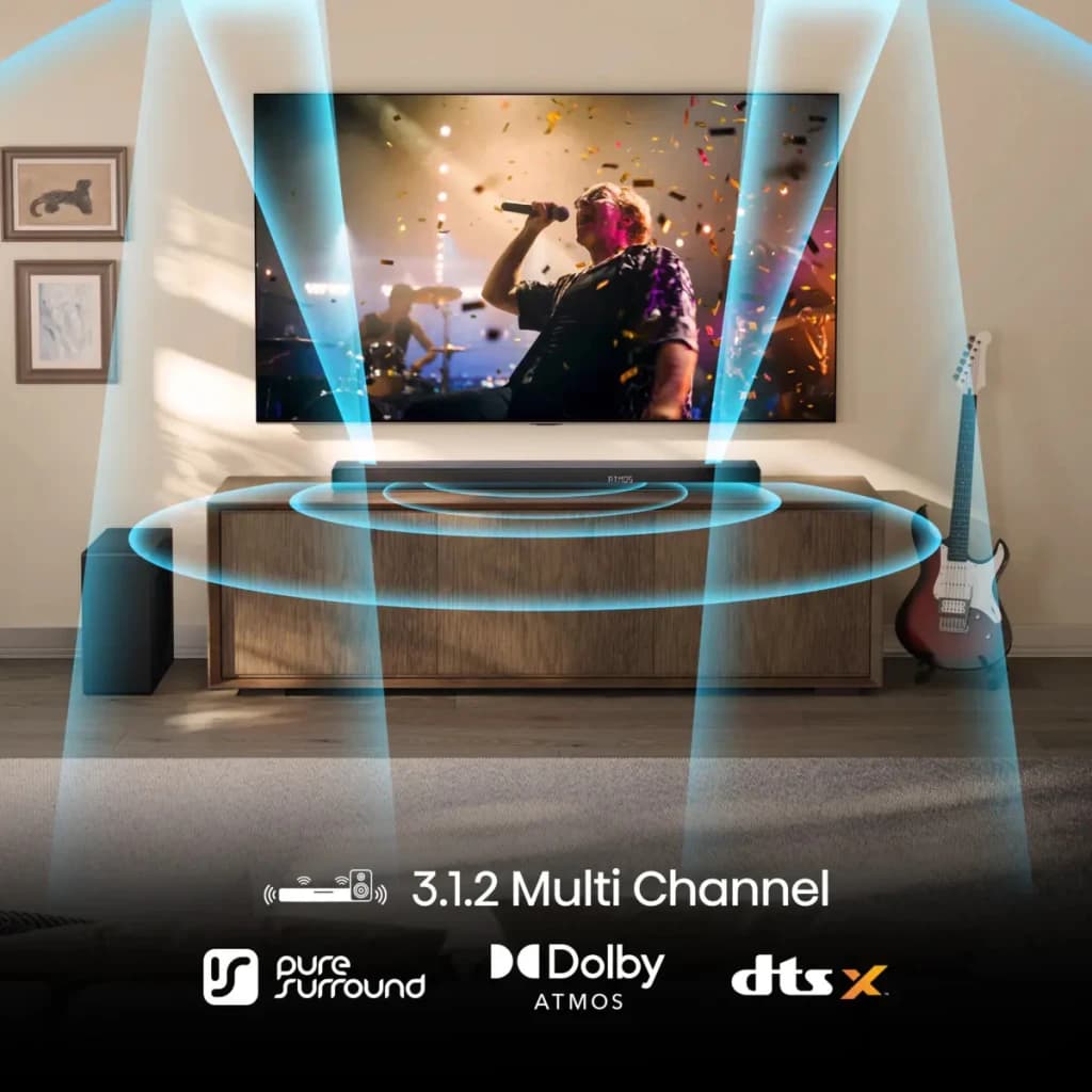 Barre de Son Hisense Dolby Atmos DTS:X 3.1.2 Caisson de Basses Sans Fil Noire AX3120Q - ondes sonores 3.1.2 multicanal