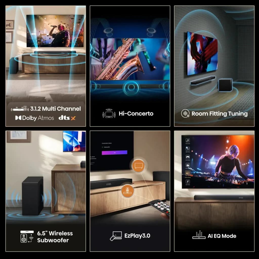 Barre de Son Hisense Dolby Atmos DTS:X 3.1.2 Caisson de Basses Sans Fil Noire AX3120Q - collage 6 panneaux