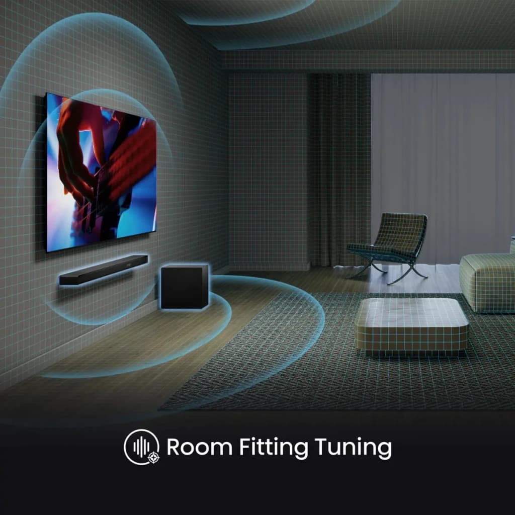 Barre de Son Hisense Dolby Atmos DTS:X 3.1.2 Caisson de Basses Sans Fil Noire AX3120Q - Room Fitting Tuning avec ondes