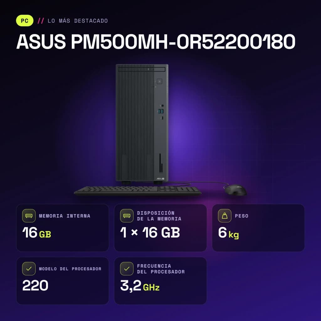 Ordenador Sobremesa ASUS 16GB/512GB Gris AMD Ryzen 5 220 SSD Sin Sistema Operativo PM500MH-0R52200180 - características