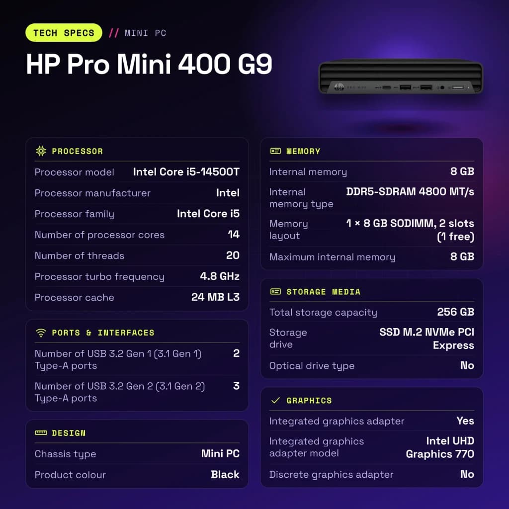 HP Pro Mini 400 G9 8Go/256Go Noir Intel Core i5-14500T SSD - caractéristiques, 1 x HDMI 2.1
