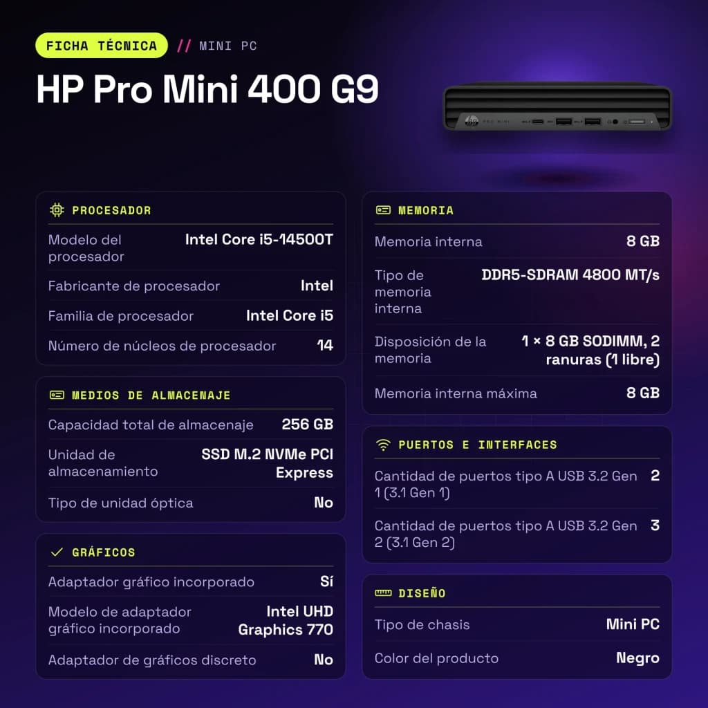 HP Pro Mini 400 G9 8Go/256Go Noir Intel Core i5-14500T SSD - caractéristiques, 256 GB