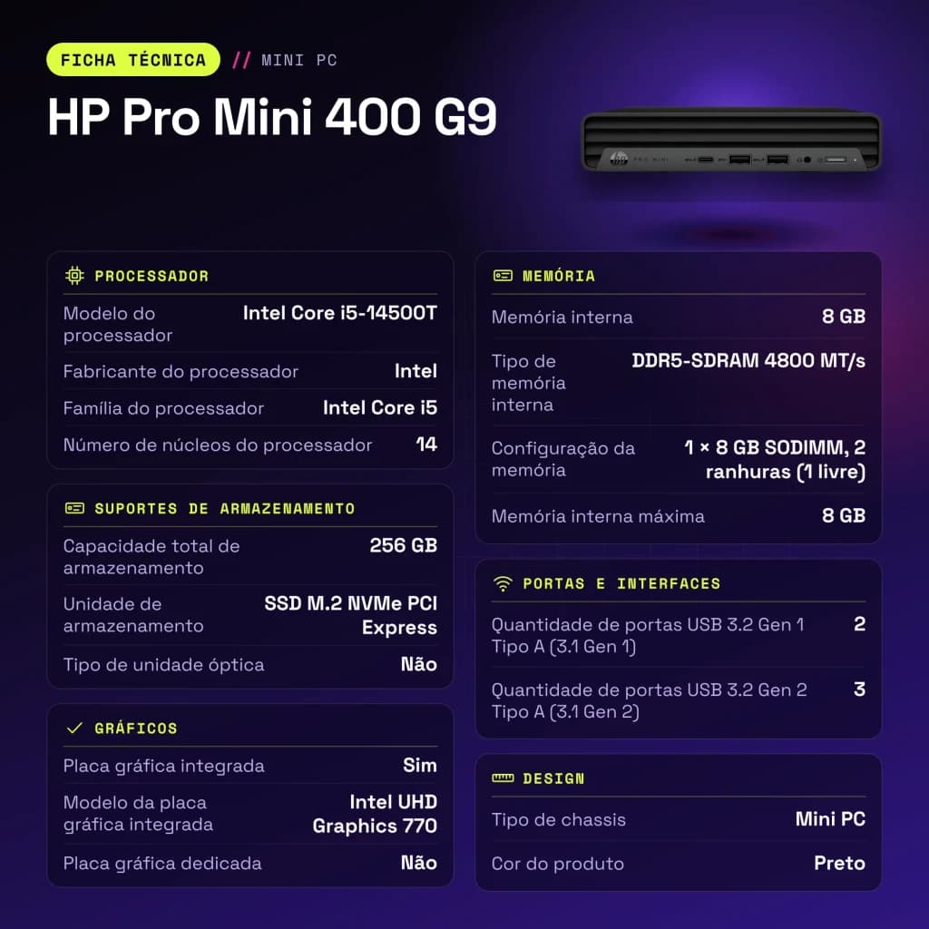 HP Pro Mini 400 G9 8Go/256Go Noir Intel Core i5-14500T SSD - caractéristiques, 177 mm